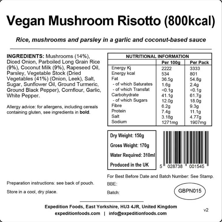 Expedition Foods Vegan Mushroom Risotto - 800kcal