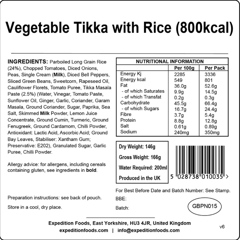 Expedition Foods Vegetable Tikka with Rice - 800kcal