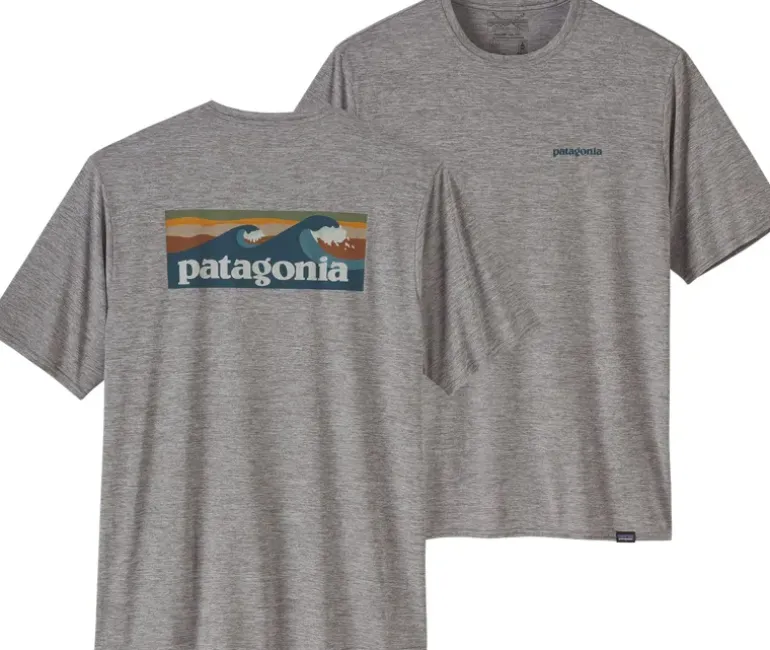Patagonia Mens Cap Cool Daily Graphic Shirt - Waters - Boardshort Logo Abalone Blue - Feather Grey