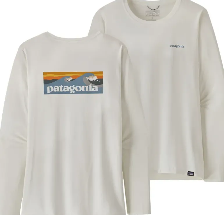 Patagonia Womens Long Sleeved Cap Cool Daily Graphic Shirt - Waters - Boardshort Logo Light Plume Grey-White