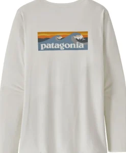Patagonia Womens Long Sleeved Cap Cool Daily Graphic Shirt - Waters - Boardshort Logo Light Plume Grey-White