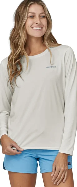 Patagonia Womens Long Sleeved Cap Cool Daily Graphic Shirt - Waters - Boardshort Logo Light Plume Grey-White